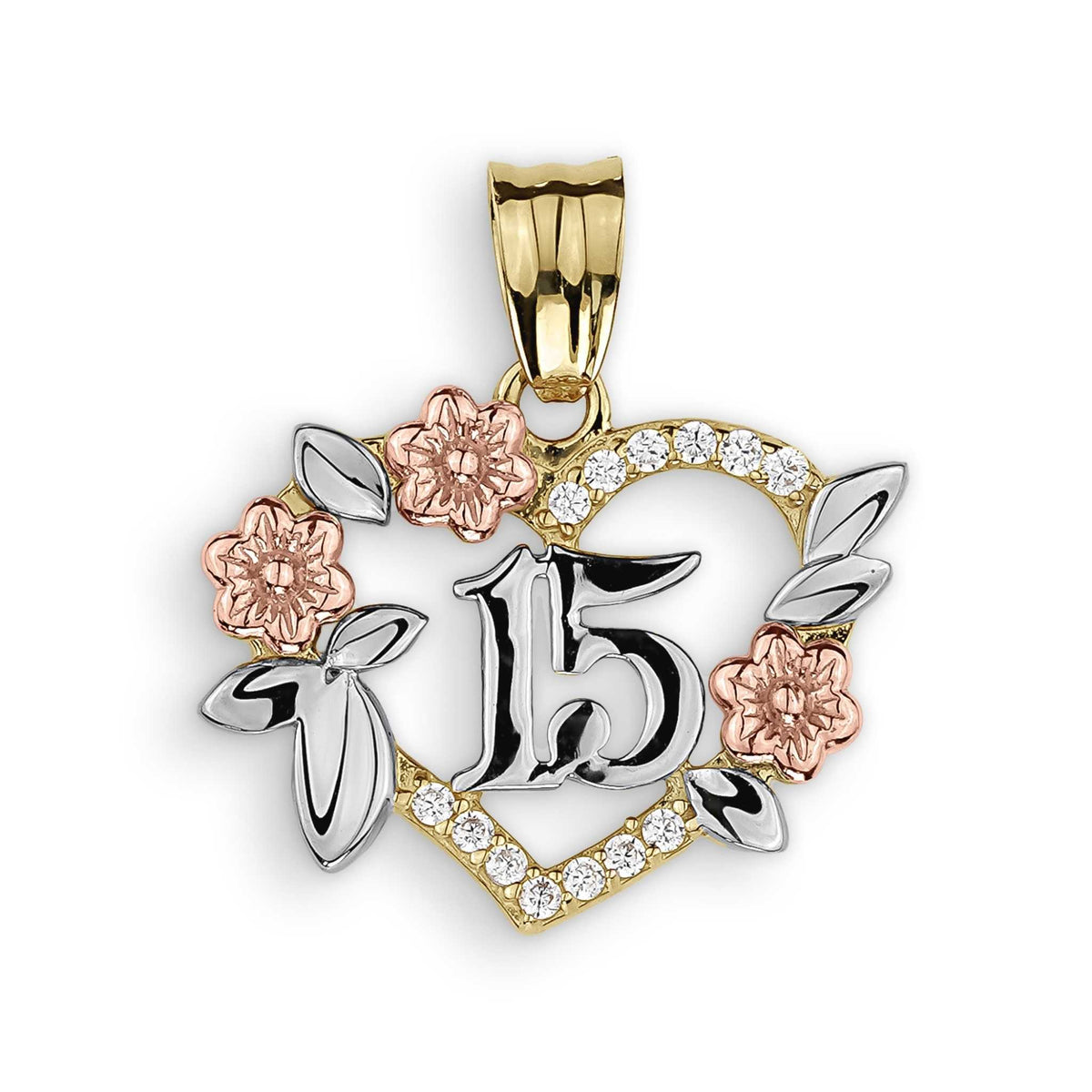 Tri-color gold heart pendant with number 15, flowers, and stones on a white background.