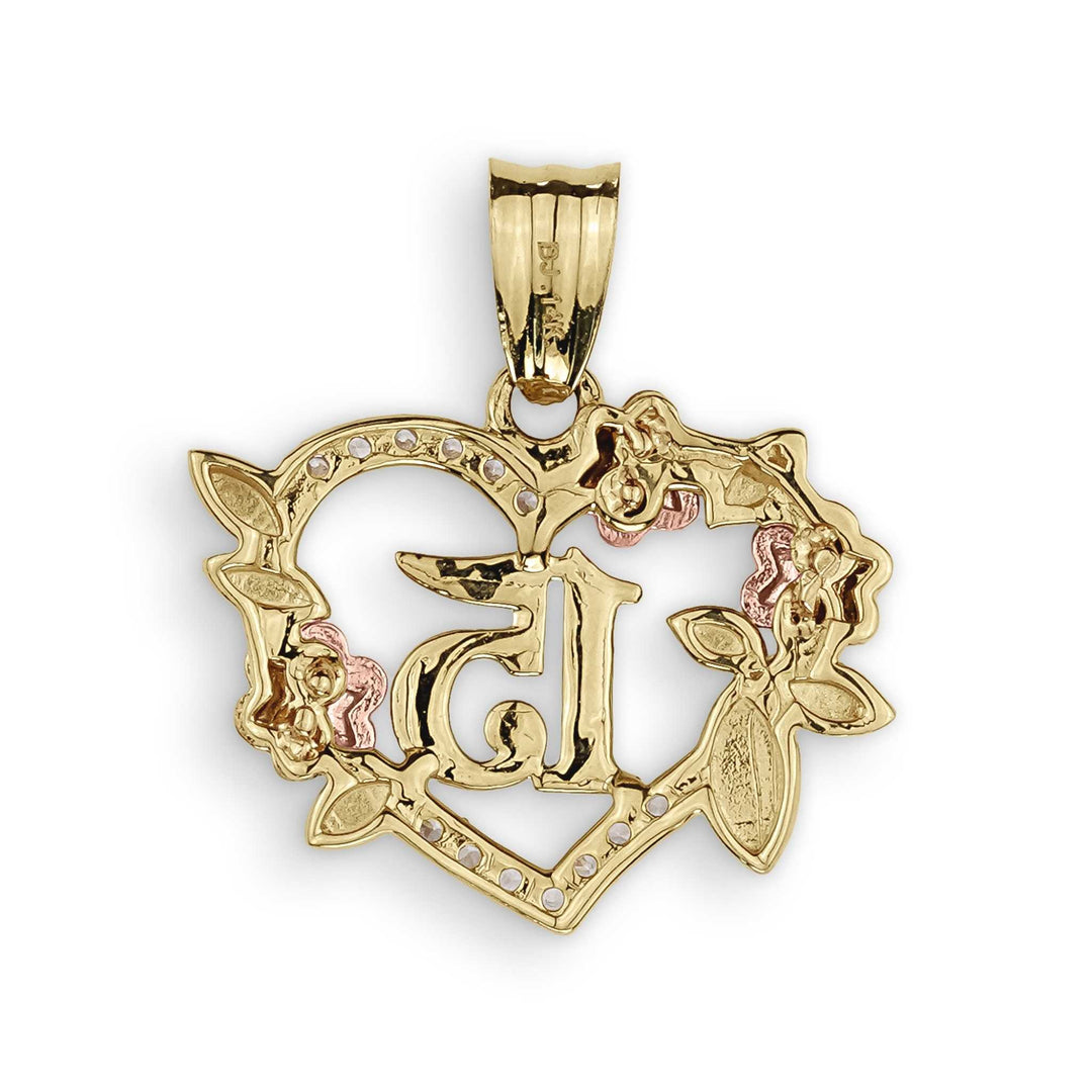 Back view of a tri-color gold Quinceañera 15 heart pendant against a white background.