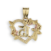 Back view of a tri-color gold Quinceañera 15 heart pendant against a white background.