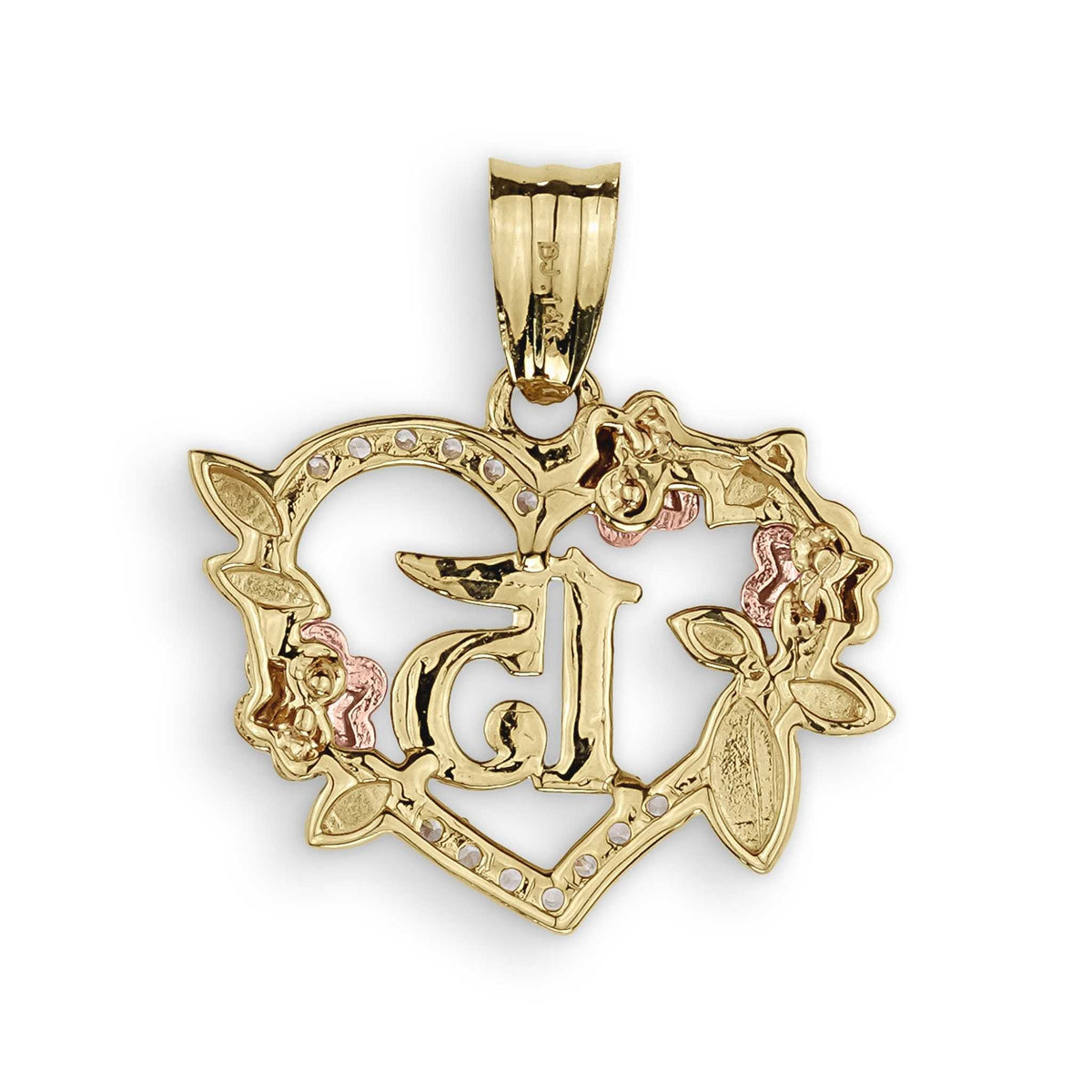 Back view of a tri-color gold Quinceañera 15 heart pendant against a white background.