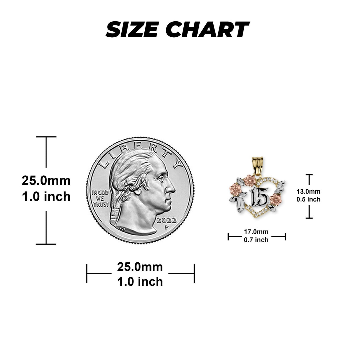 Size chart comparing a tri-color gold Quinceañera 15 heart pendant to a US quarter.