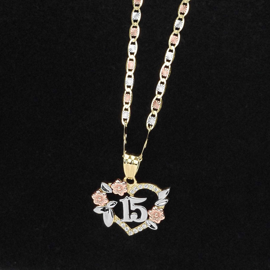 Tri-color gold Quinceañera heart pendant necklace with number 15 and CZ accents.