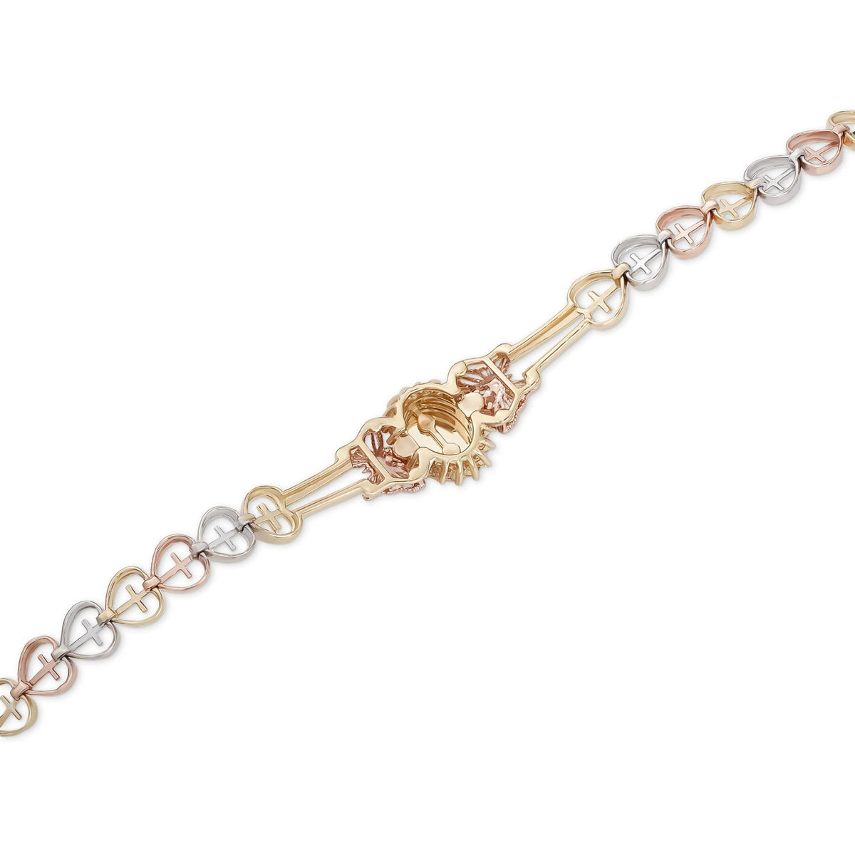 Close-up view of a tri-color gold Quinceañera 15 center charm and heart link chain.