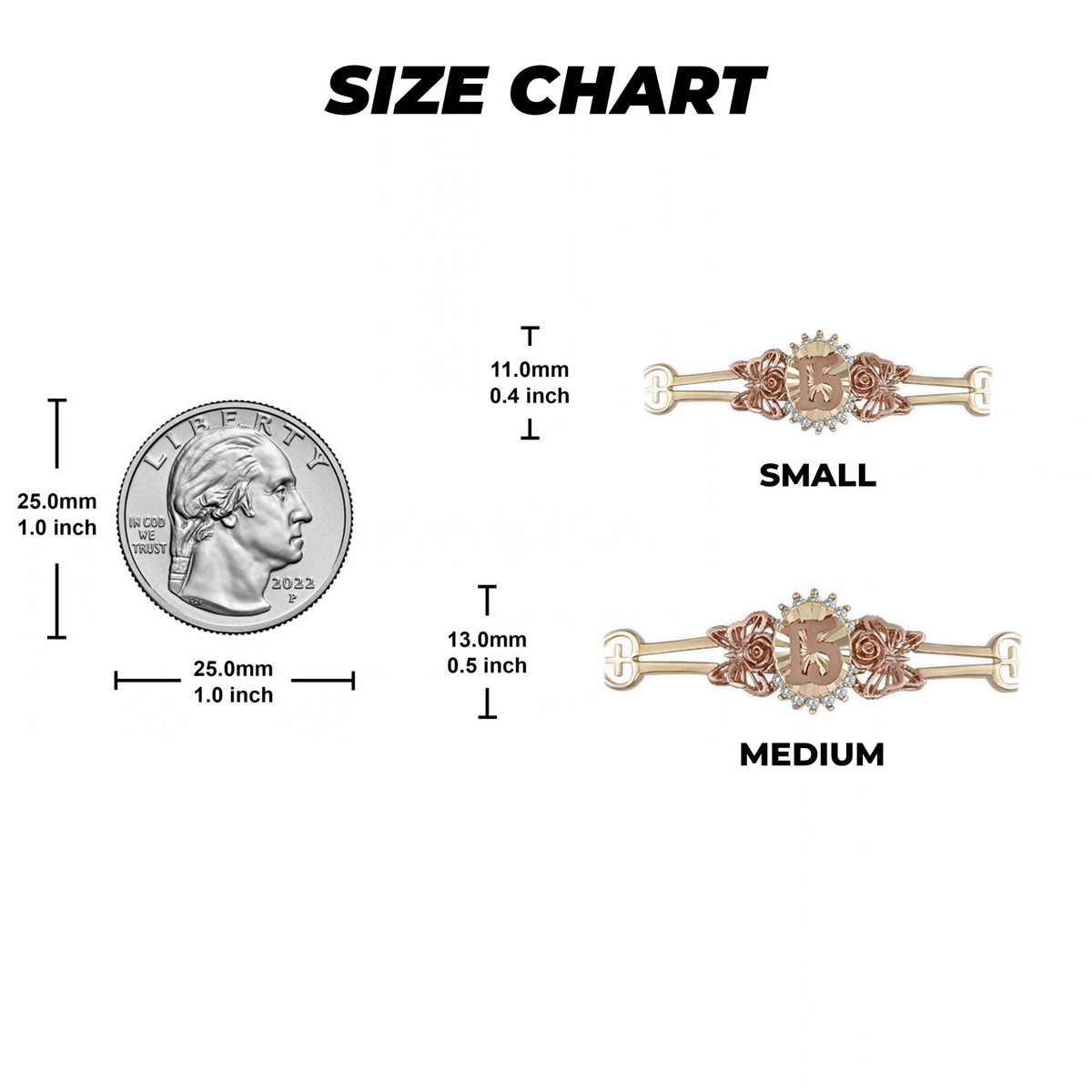 Size chart showing Small and Medium Quinceañera 15 charms compared in scale to a quarter