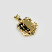 Back view of a gold Quinceanera heart wing pendant displaying textured mesh interior.