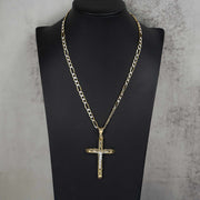 Two-tone gold crucifix cross pendant necklace displayed on a black jewelry mannequin bust.