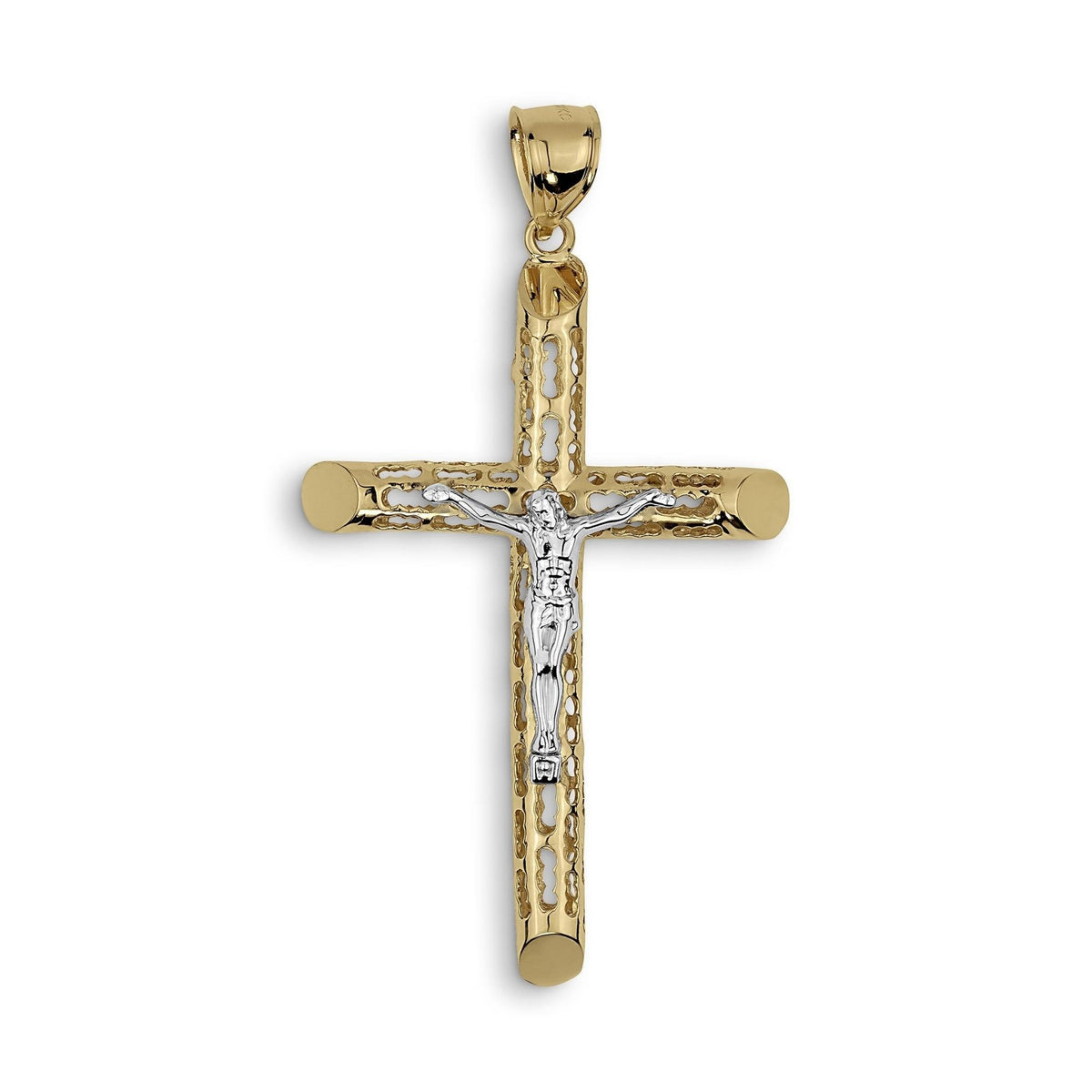 Two-tone caged gold crucifix pendant with a white gold Jesus on a white background.