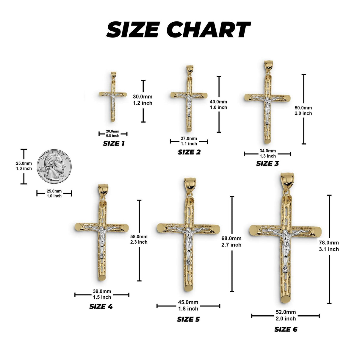 Size chart display for six gold crucifix cross pendant sizes with dimensions and coin scale.