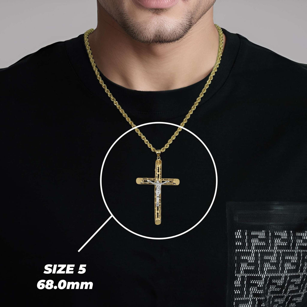 Man wearing Size 5 gold crucifix pendant necklace highlighted against a black shirt.