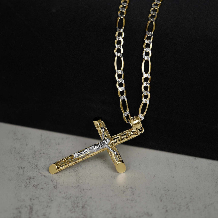 Gold Relic INRI two-tone crucifix pendant on a diamond-cut Figaro chain.