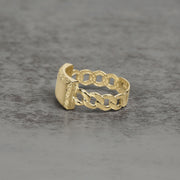 Solid 10k or 14k gold Cuban link ID ring featuring a Greek key pattern.