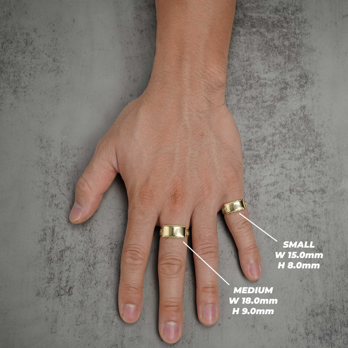 Hand displaying small and medium gold ID rings with dimension labels.