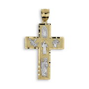 Front view of two-tone gold religious cross pendant isolated on white background
