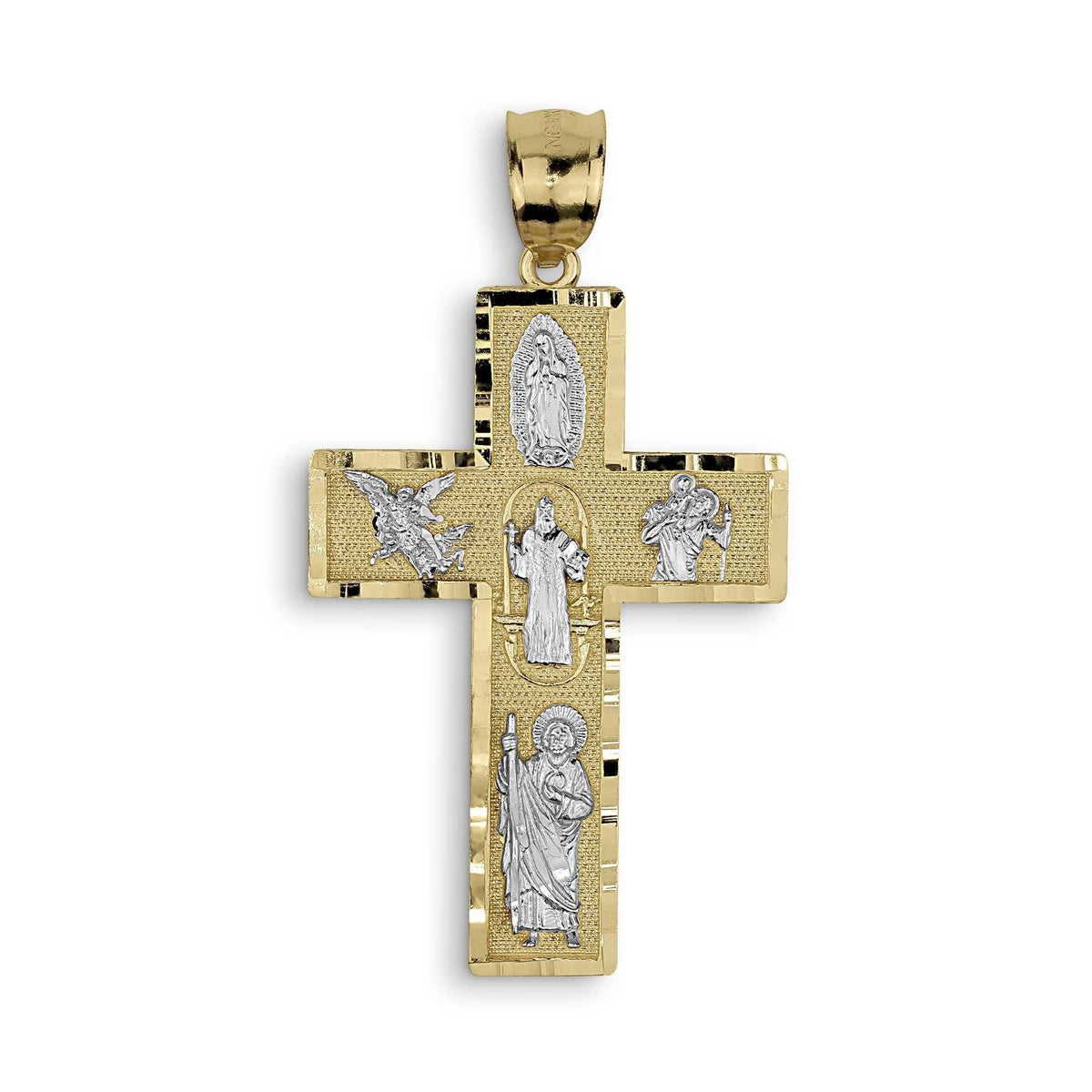 Front view of two-tone gold religious cross pendant isolated on white background