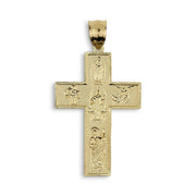 Back view of two-tone gold religious cross pendant isolated on white background