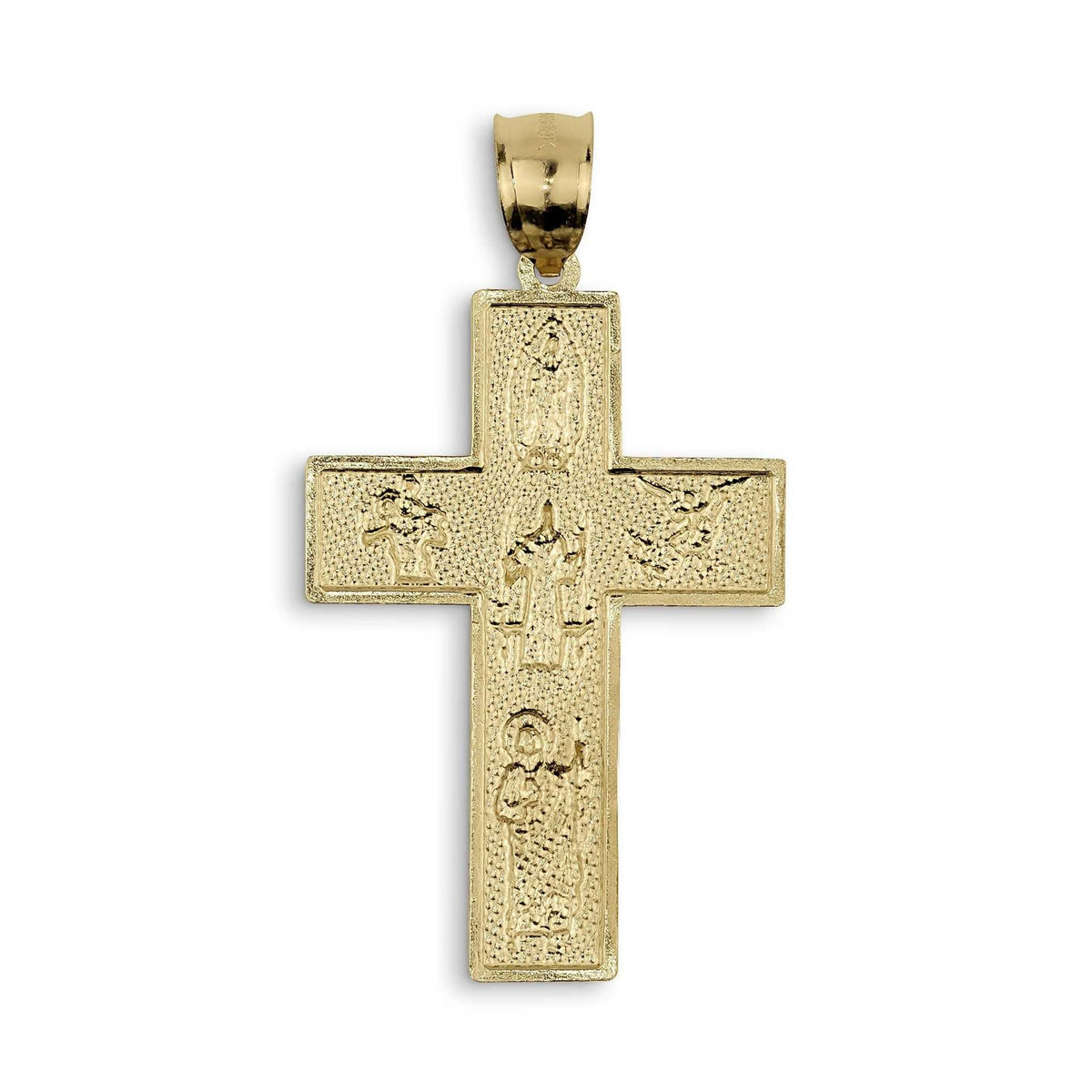 Back view of two-tone gold religious cross pendant isolated on white background
