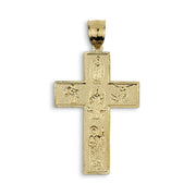 Rear view of a gold religious cross pendant, showing a smooth, high-polish finish and sturdy bail.