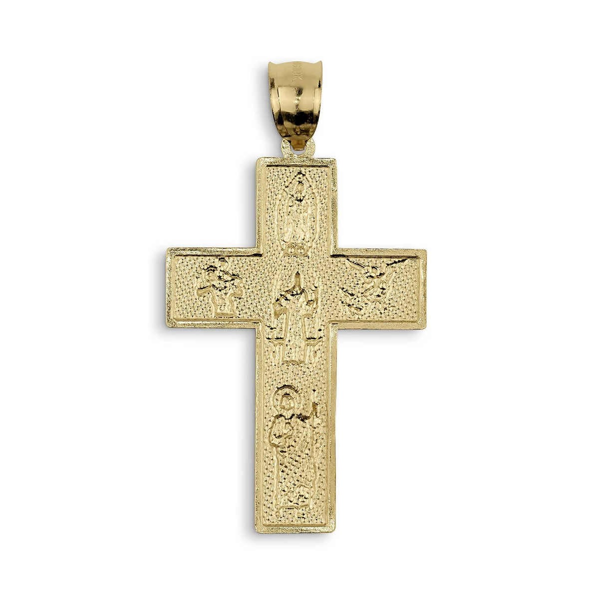 Rear view of a gold religious cross pendant, showing a smooth, high-polish finish and sturdy bail.