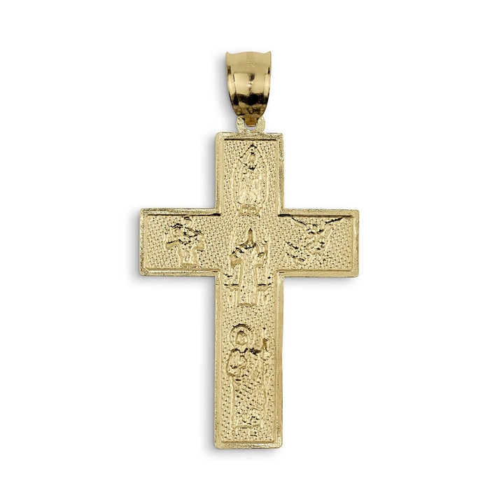 Rear view of a gold religious cross pendant, showing a smooth, high-polish finish and sturdy bail.