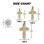 Size chart comparing three religious cross pendant sizes with a US coin for scale.