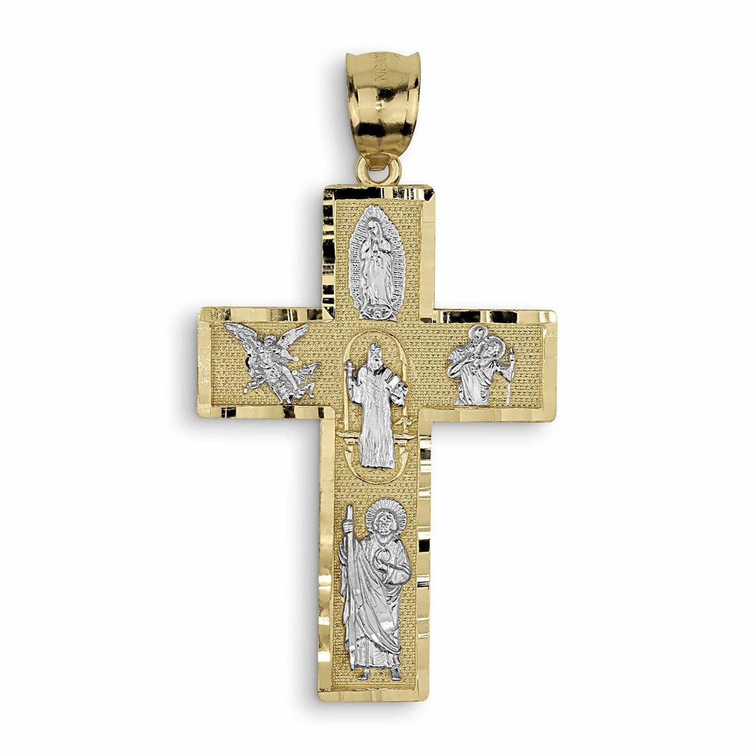 Gold and white gold cross pendant featuring intricate engravings of various saints on a white background.