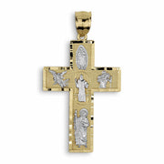 Gold and white gold cross pendant featuring intricate engravings of various saints on a white background.