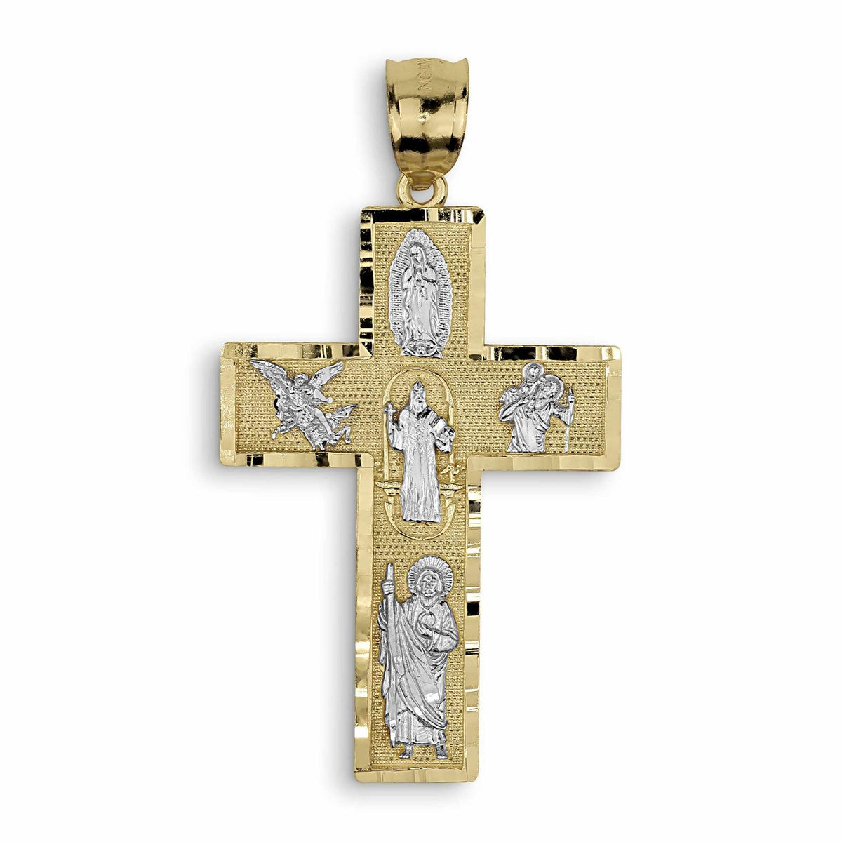 Gold and white gold cross pendant featuring intricate engravings of various saints on a white background.