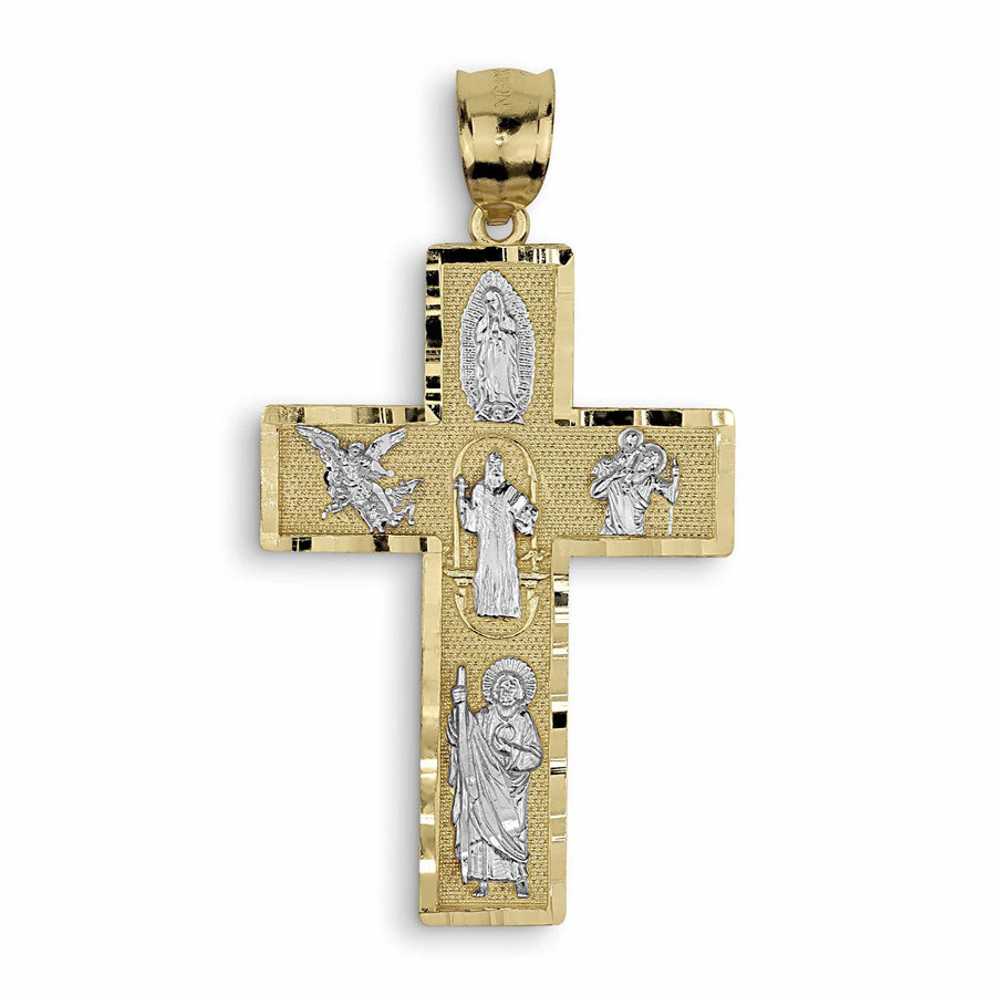 Gold and white gold cross pendant featuring intricate engravings of various saints on a white background.