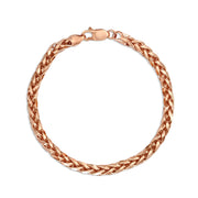 Rose gold wheat palm chain bracelet laid out in a circle on white background.