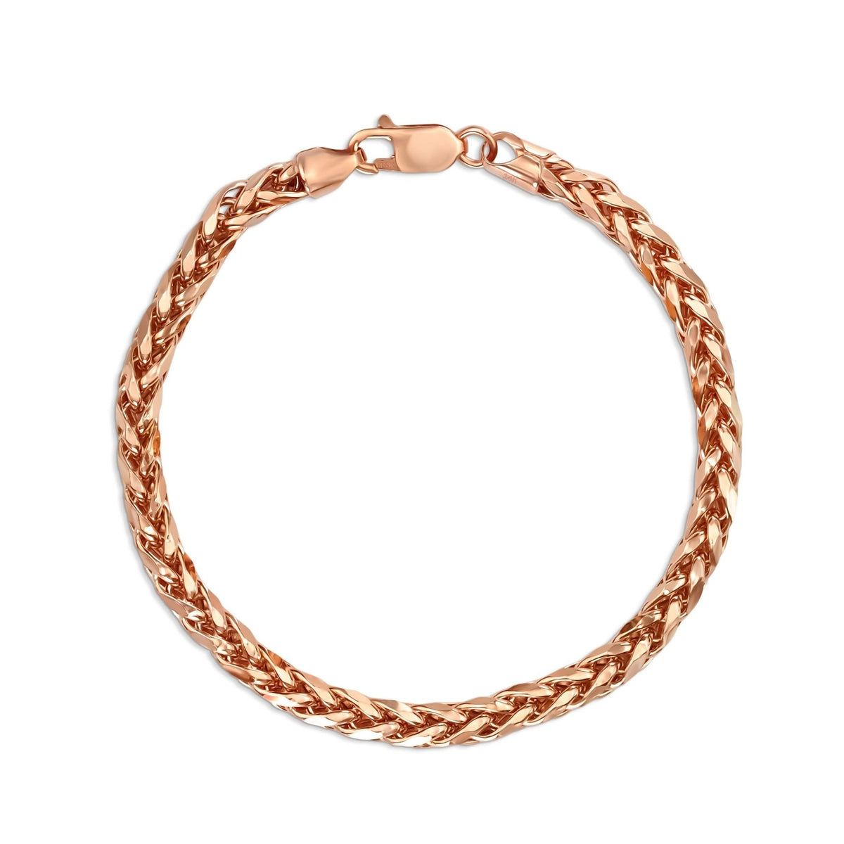 Rose gold wheat palm chain bracelet laid out in a circle on white background.