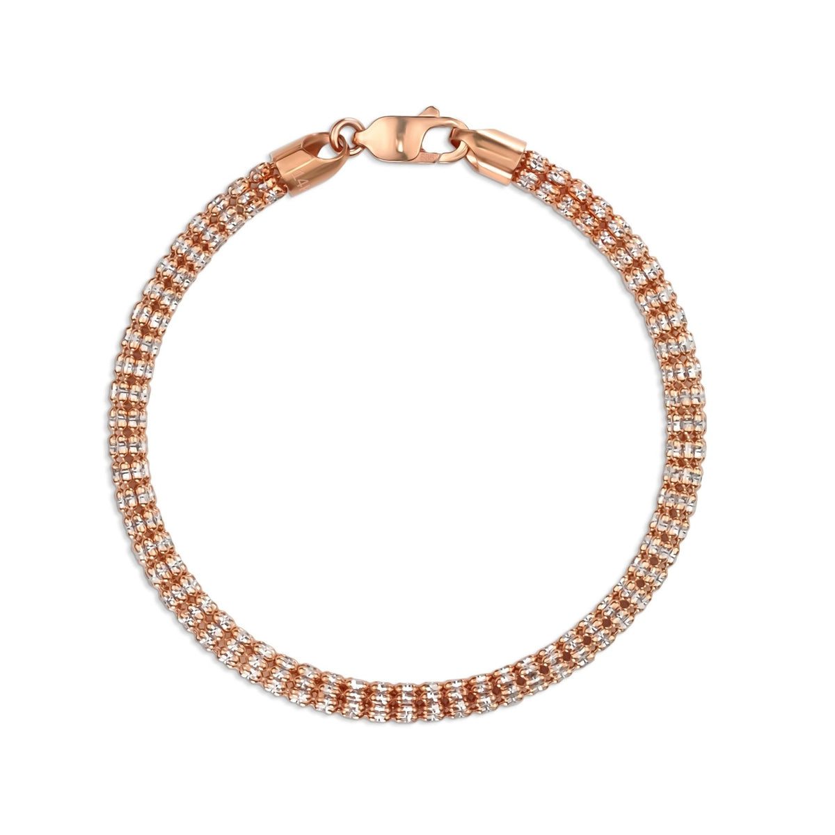 Rose gold ice chain bracelet with double-row white gold accents and lobster clasp.