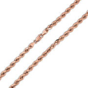Close-up view of a rose gold diamond-cut rope chain showing the lobster clasp closure.