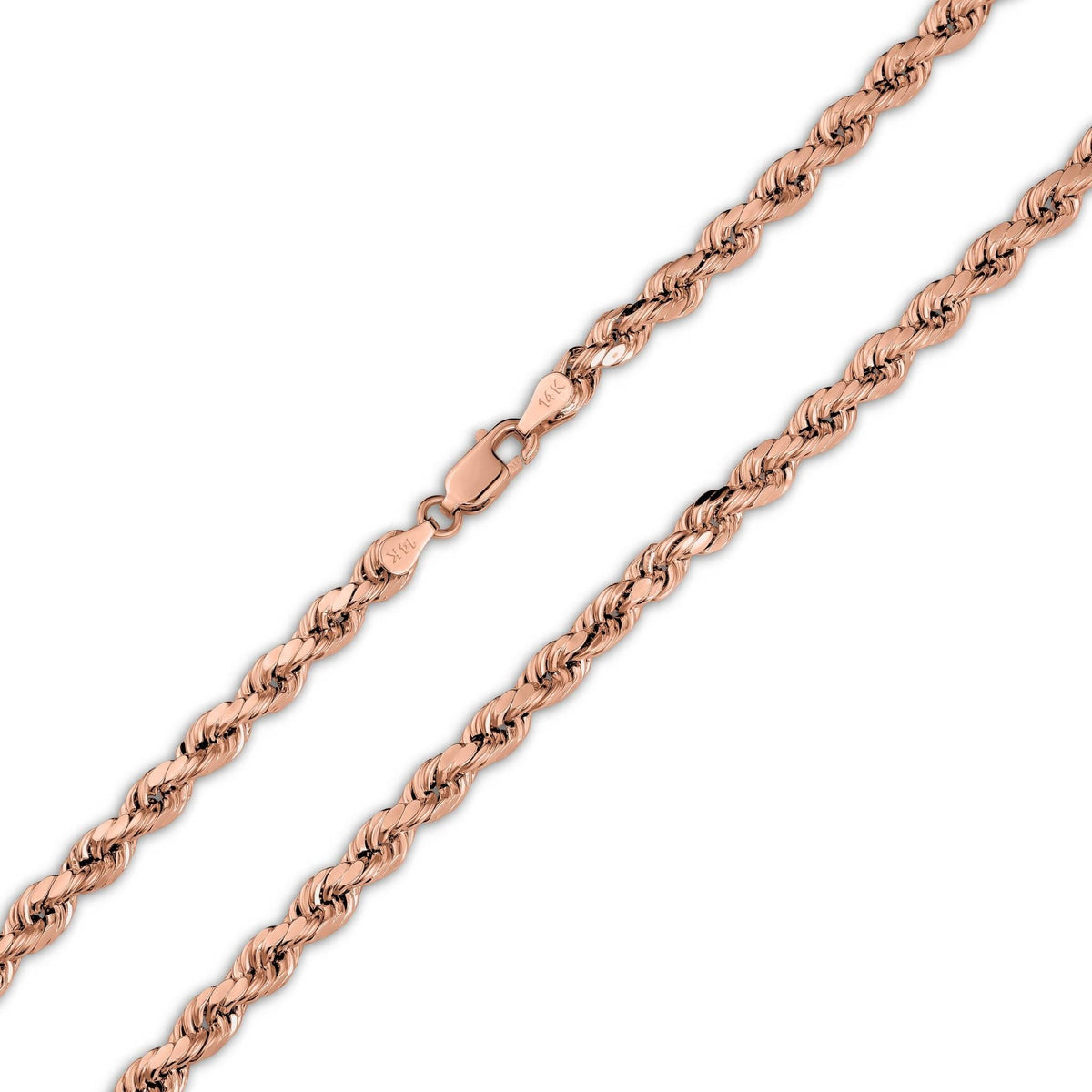 Close-up view of a rose gold diamond-cut rope chain showing the lobster clasp closure.