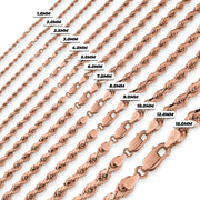 Rose gold classic diamond-cut rope chain width comparison chart ranging from 1.5mm to 15.0mm.