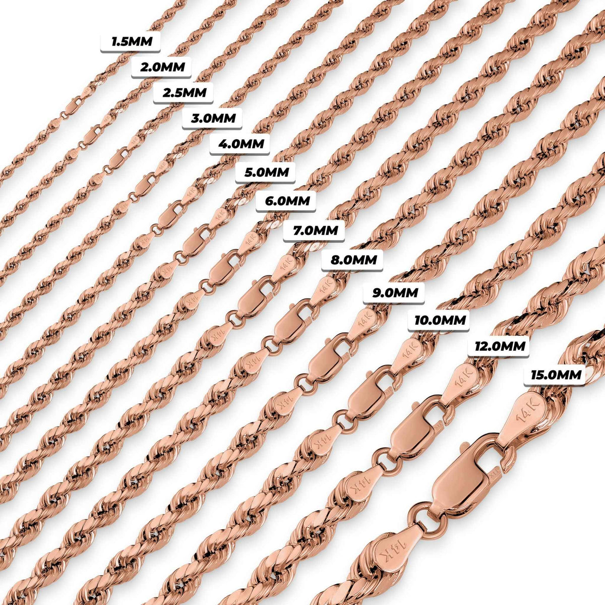 Rose gold classic diamond-cut rope chain width comparison chart ranging from 1.5mm to 15.0mm.