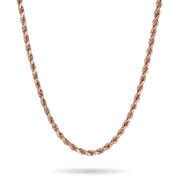 Polished rose gold classic diamond-cut rope chain necklace displayed on a white background.