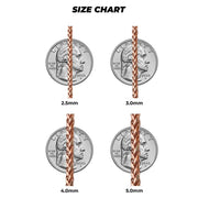 Rose gold classic wheat palm chain width size chart compared to quarter coins.