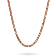 10k and 14k rose gold classic wheat palm chain necklace on white background.