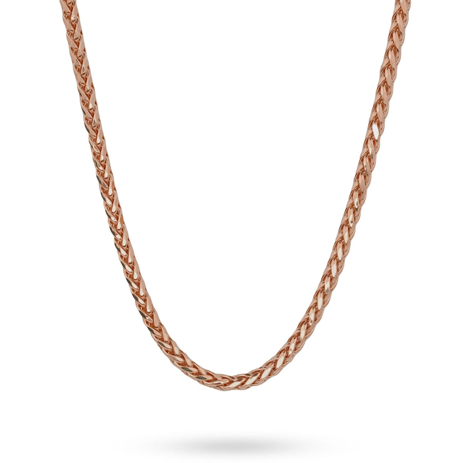 10k and 14k rose gold classic wheat palm chain necklace on white background.