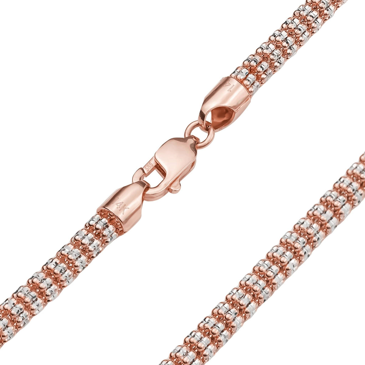 Close-up of 10k and 14k rose gold two-tone classic ice chain with lobster clasp.
