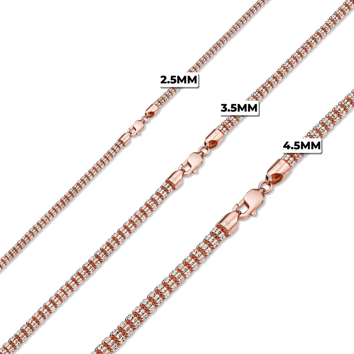 Three rose gold two-tone classic ice chains in 2.5mm, 3.5mm, and 4.5mm sizes.