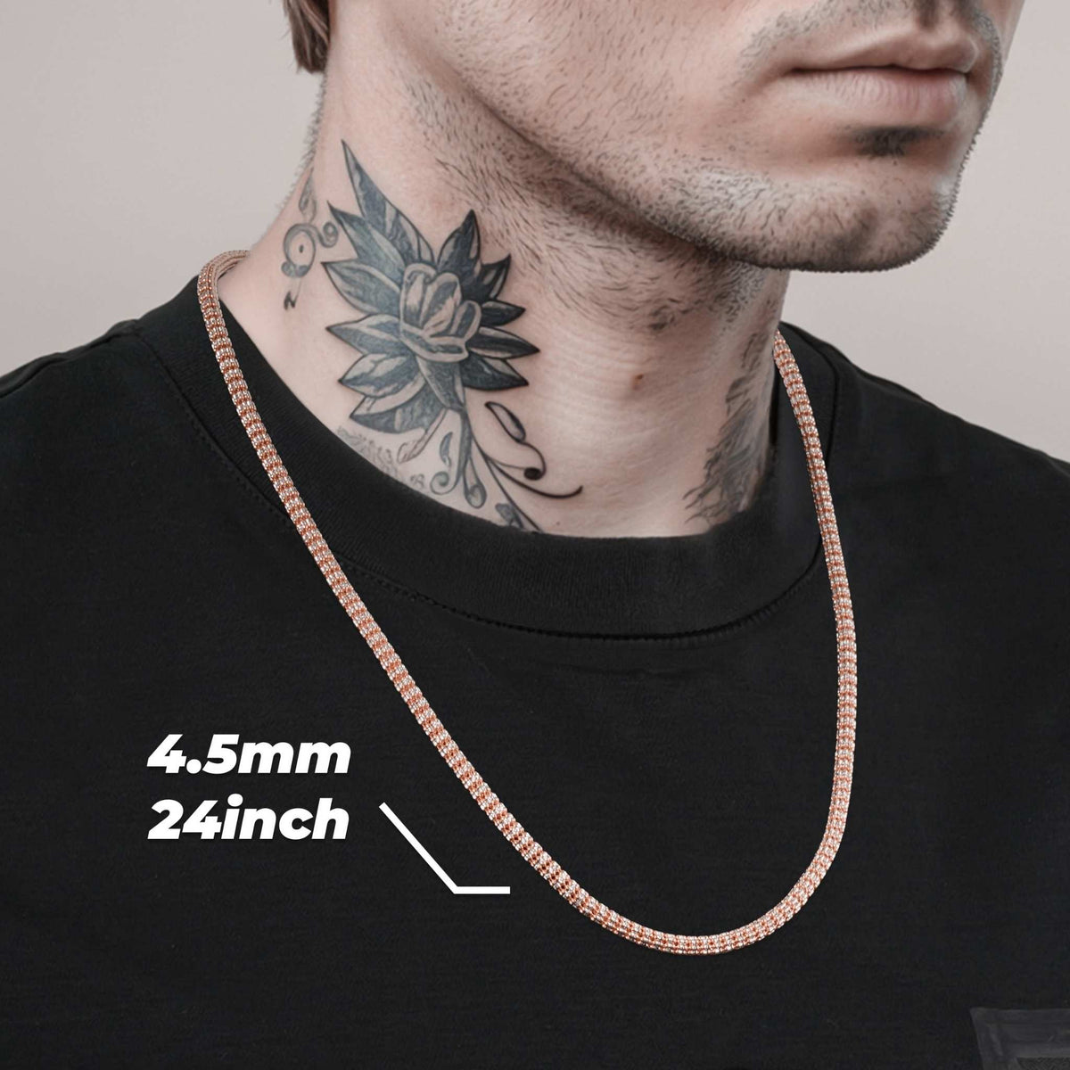 Man wearing a 4.5mm 24inch rose gold two-tone classic ice chain necklace