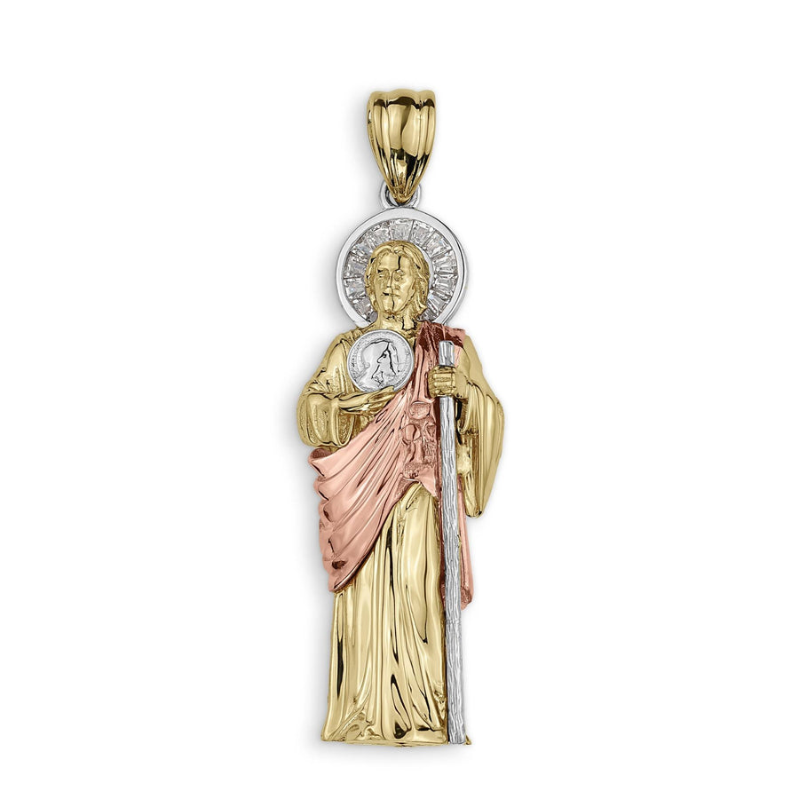Tri-color gold 3D San Judas pendant with clear stones on a white background.