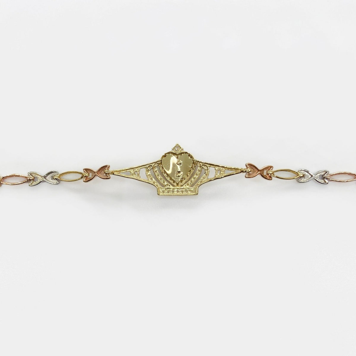Gold Quinceañera crown charm bracelet displayed horizontally on a plain background.