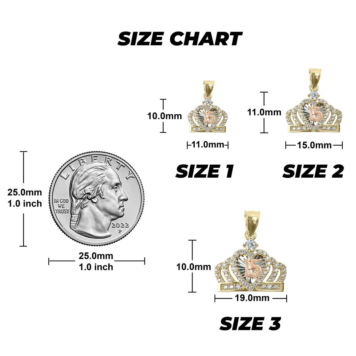 Size chart comparing three gold Quinceañera royal crown pendants to a US quarter.