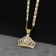 Two-tone gold Quinceañera royal crown pendant necklace with cubic zirconia accents