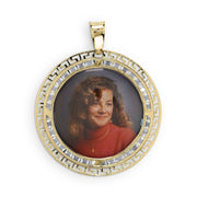 Round yellow gold memorial picture pendant with sample photo inside Greek key CZ frame.
