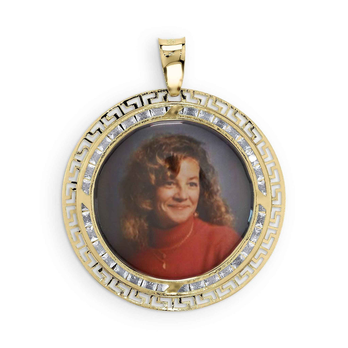 Round yellow gold memorial picture pendant with sample photo inside Greek key CZ frame.