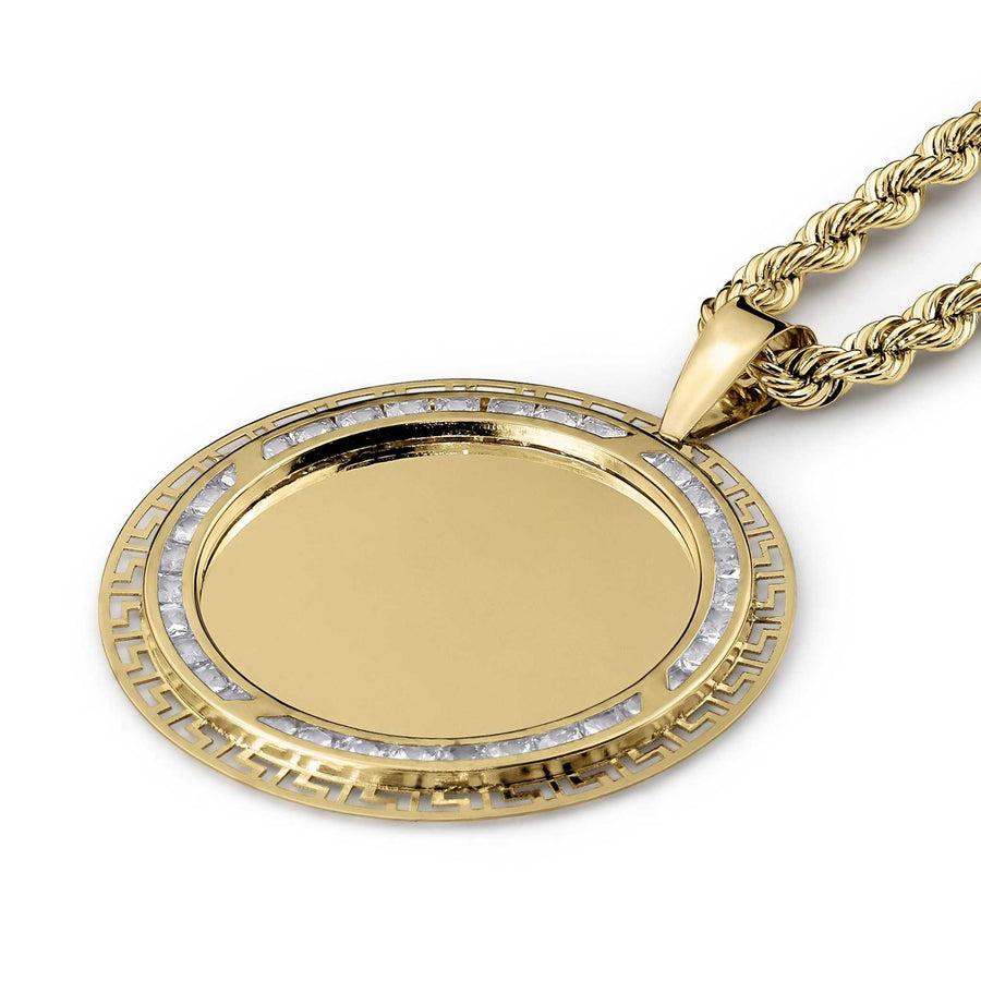 Round yellow gold memorial picture pendant with Greek key frame on rope chain.