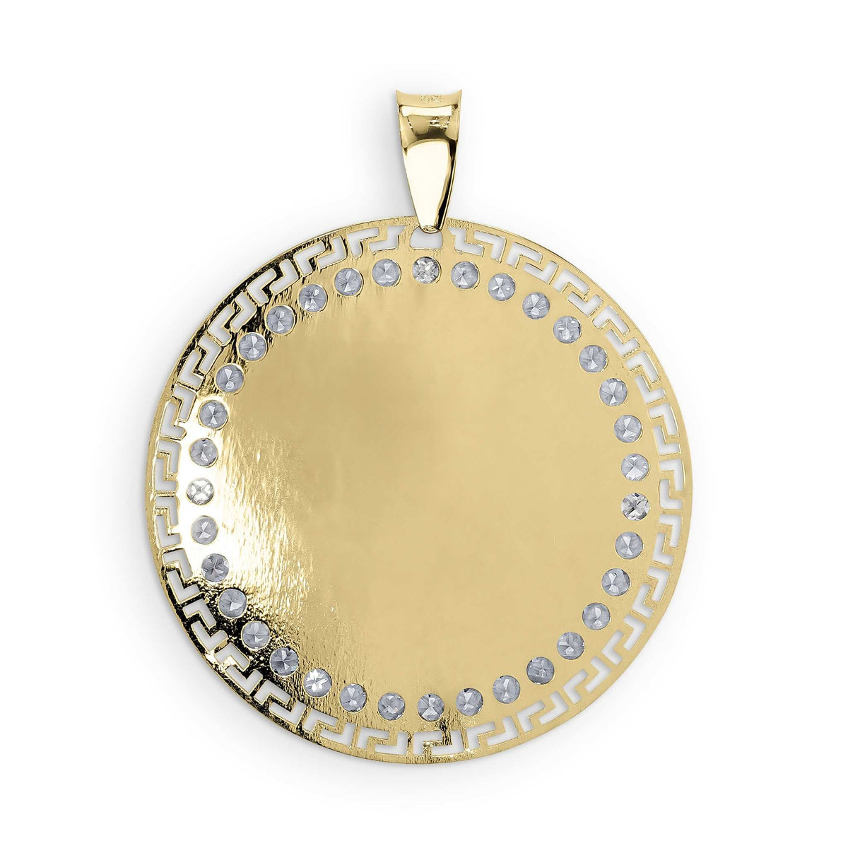 Round gold pendant with blank center and Greek key border set with clear stones.